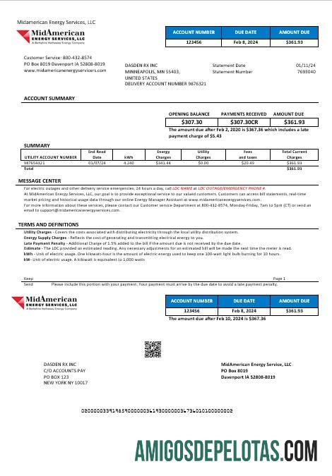 Para baixar modelo de conta de serviços públicos de serviços de energia nos EUA Iowa MidAmerican em formatos Word e PDF